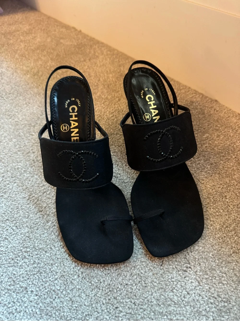 Chanel Black Cruise Vintage Crystal Logo Sling Back Toe Heels Size 36